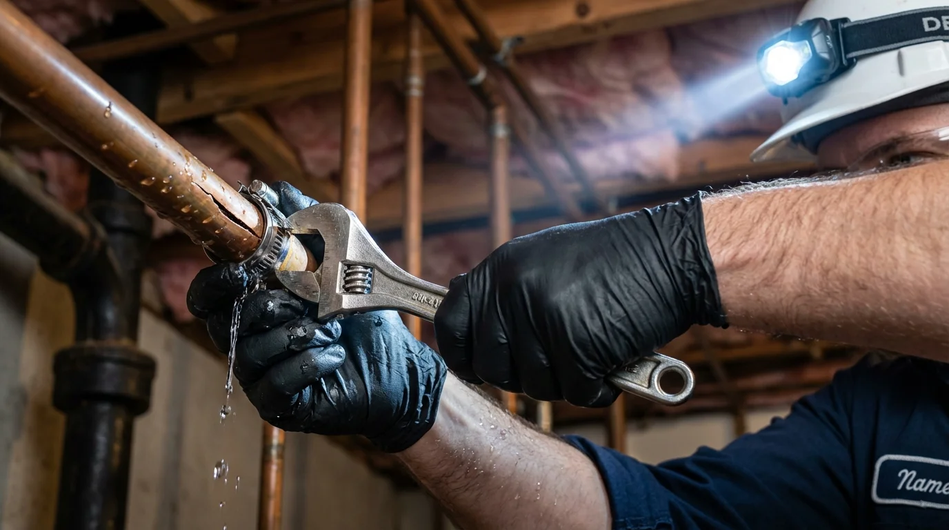 Emergency pipe clamp repair being performed by a Johns Plumbing LLC plumber in Abbeville