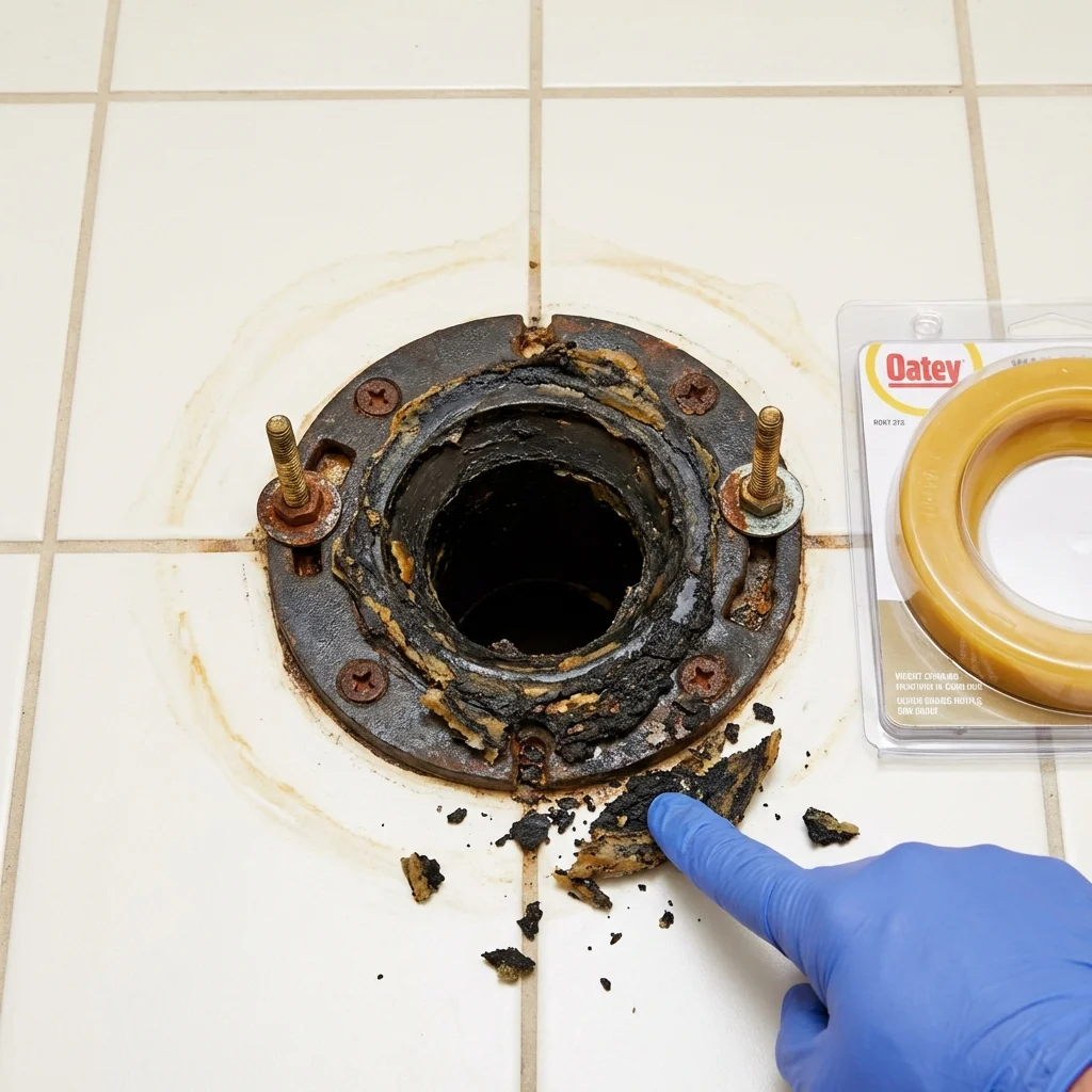 Failed wax ring showing water seepage at the base of a toilet in a Abbeville, LA home