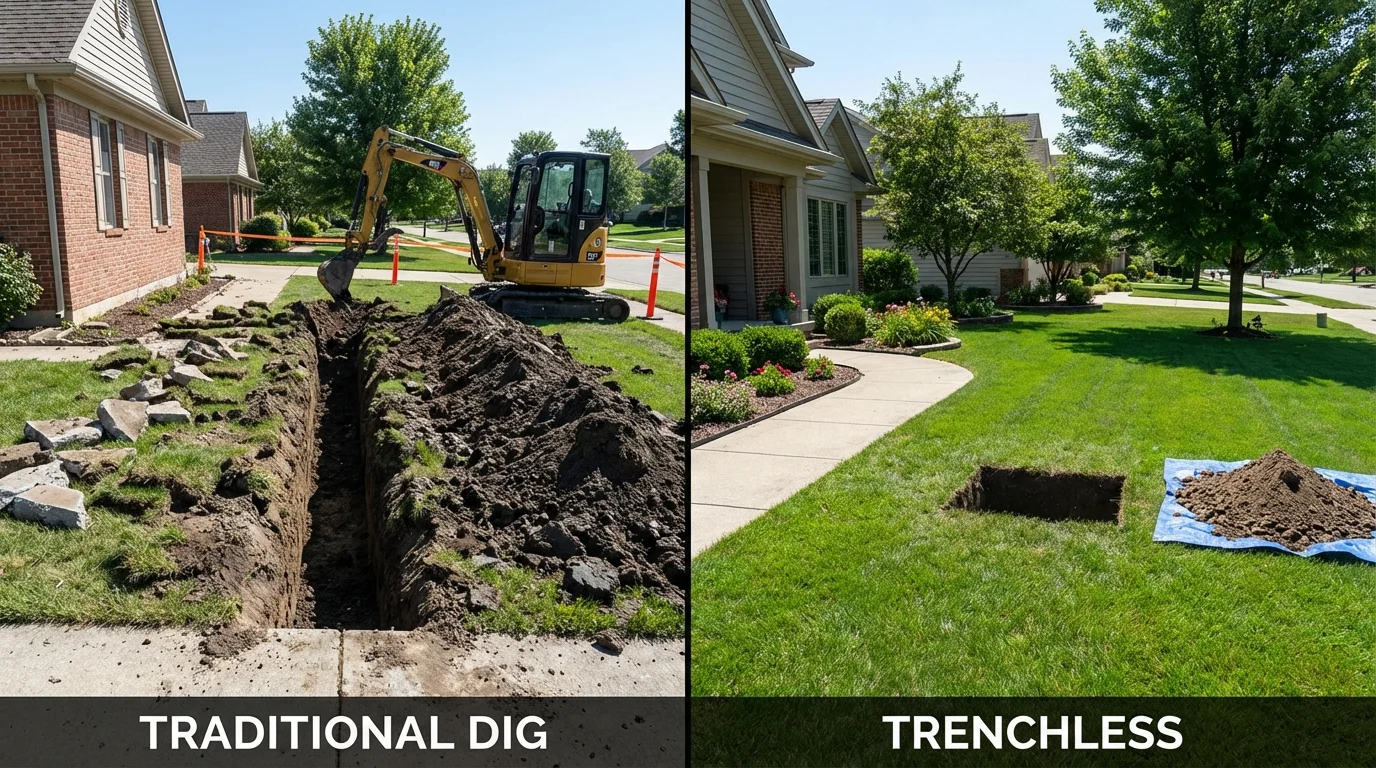 Trenchless sewer repair with minimal yard damage versus traditional excavation in Abbeville, LA