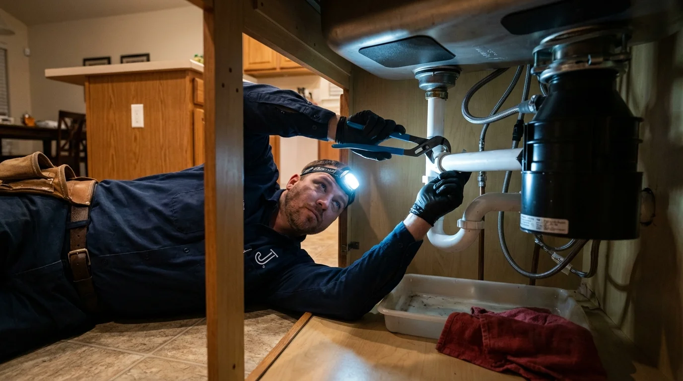 P-trap and supply line connections under a kitchen sink showing a common leak point in Abbeville, LA